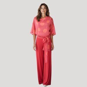 Genny Women's Pink Coral Sequin Top and Pants Set Made in Italy Designer 12 EUC